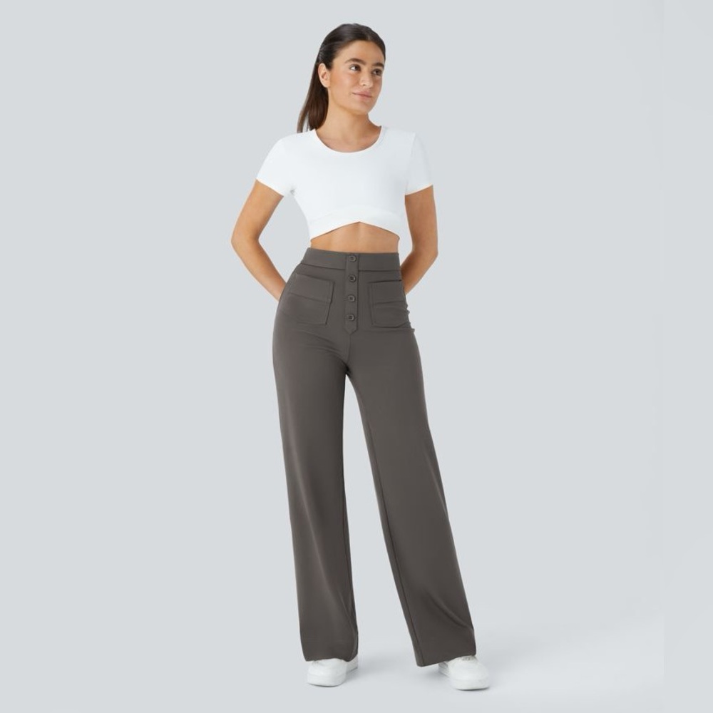 NEW HALARA High Waisted Button Multiple Pockets Wide Leg Casual Pants Stretchy